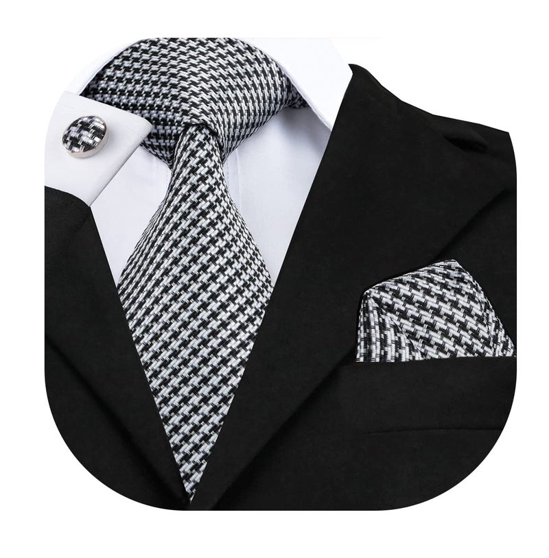Hi-Tie Mens Plaid Ties Classic Paisley Necktie with Handkerchief Cufflinks Set Business Stripe Tie,Black White Houndstooth - Image 1